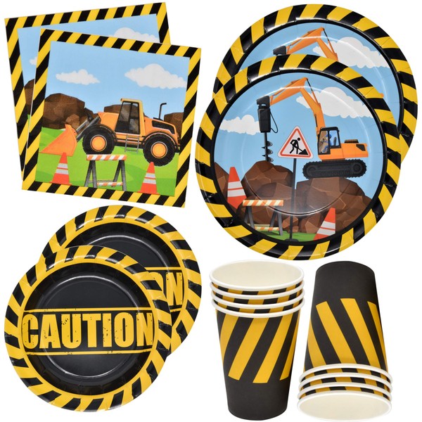 Construction Party Supplies Tableware Set 24 9" Paper Plates 24 7" Plate 24 9 Oz. Cup 50 Lunch Napkins for Builder Digger Truck Bulldozer Vehicle Construction Zone Site Baby Shower Birthday Decoration
