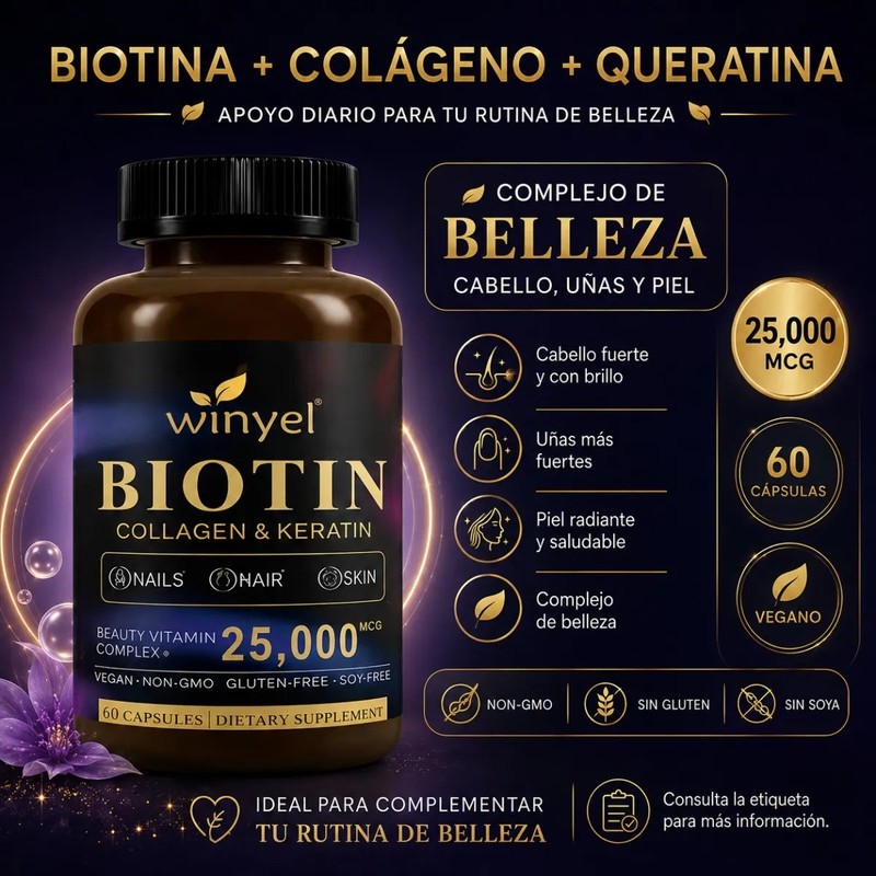 Biotina Colágeno Queratina 60 Cápsulas Fórmula Vegana