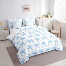 Feelyou Blue Bow 7 Piece Bedding Set Twin Size Cute Bowknot Twin Comforter Set with Sheets Boys Girls Kawaii Bed in a Bag Breathable Soft Lightweight Microfiber