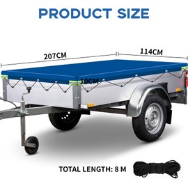Trailer Tarpaulin Flat Tarpaulin 207 x 114 x 10 cm Tarpaulin for Trailers with 8M Tarpaulin Rope Reflective Strips Eyelets Reinforced 420D Oxford Material Waterproof Windproof for Car Trailers Blue
