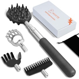 WOVTE Grandson Hand Extendable Egg Hand with 4 Interchangeable Heads, Stainless Steel, Reaches Itchy Places, Stretchable, Portable, Convenient, Extended Approx. 34.3 inches (87 cm), Gift