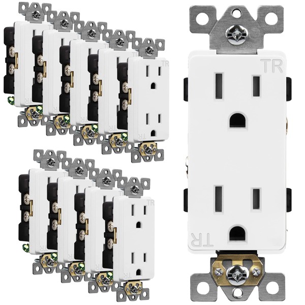 ENERLITES Industrial Grade Decorator Outlet, 15A 125V, Tamper-Resistant Duplex Receptacle, Self-Grounding, 5-15R, 2-Pole, 3-Wire Grounding, UL Listed, 63150-TR, White (10 Pack)