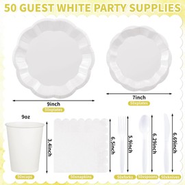 350 Pcs White Party Supplies Include Scalloped Plate Napkin Cup Forks Knives, Plastic Cutlery 50 Guest Disposable Parties Tableware Set for Wedding Baby Shower Bridal Shower Birthday Party