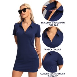 Hiverlay Women Golf Polo Dress with Shorts and Pockets Short Sleeve V Neck Collar Tennis Dress Ladies Athletic Dresses Navy Large