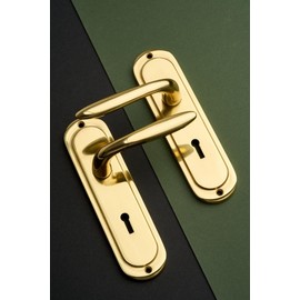 Designer Levers - Mocho Round Plate Lever Door Handle - 1 Pair - Polished Brass - Locking Door Handle - 189 x 49mm - Interior Use