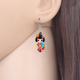 WEVENI Acrylic Japanese Gift Kimono Kokeshi Doll Earrings Dangle Drop Cute Stuff Kawaii Gifts for Japan Lovers Costume Jewellery for Women (Red)