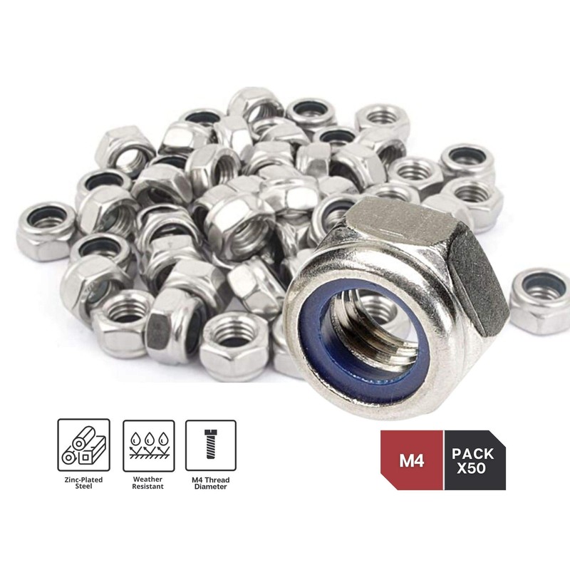DOJA INDUSTRIAL Self-Locking Nuts M4 Pack of 50 Galvanised Steel