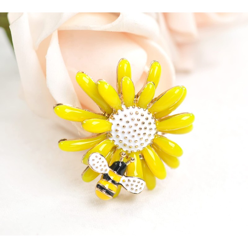 Gyn&Joy Gold Tone Yellow Sun Flower Enamel Daisy Honey Bee