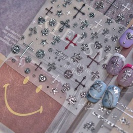 [Overseas] Cross Nail Sticker Metal Silver Cross Nail Sticker Relief New 3D Retro Punk Style You Free Size/Ms-83 3 [Metal Cross] Silver 4ea