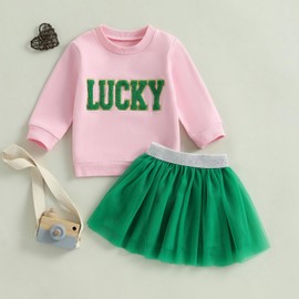 Toddler Baby Girl St Patricks Day Outfit Lucky Charm Sweatshirt and Tulle Tutu Skirts Set Cute Infant Irish Clothes (Pink Lucky, 2-3T)
