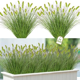 UXORSN 24PCS Artificial Dog Tail Grass Onion Grass UV Resistant Outdoors Faux Shrubs Ornamental Wheat Grass Cattails Faux Bushes Home Decor for Outdoor Garden (24, Dark Green with Dog Tail Grass)
