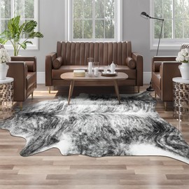 AROGAN Western Decor Faux Fur Cowhide Rug, 6 x 7 Feet Premium Animal Skin Cow Hide Rug, Sturdy Cow Print Rugs for Wall Decor, Western Floor Carpet for Bedroom Living Room, Black and Grey