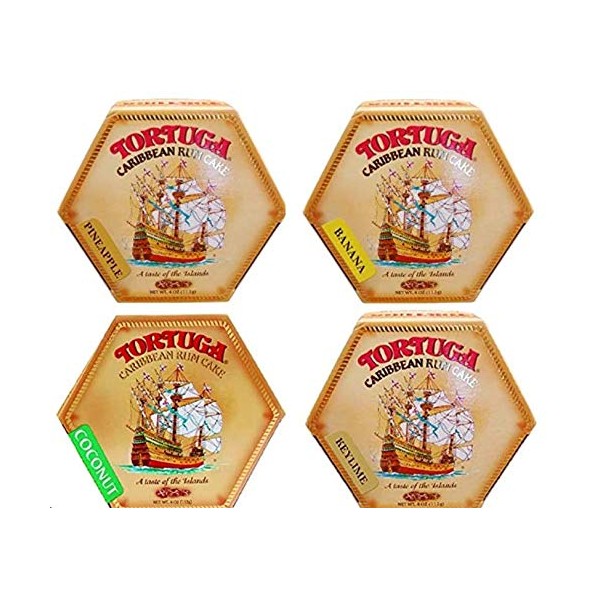 Tortuga Caribbean Rum Cake 4 oz (4 PACK): Coconut, Banana, Pineapple, Key Lime - The Perfect Premium Gourmet Gift for Stocking Stuffers, Gift Baskets, and Christmas Gifts
