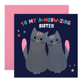 Cheddar The Cat - Birthday Card for Sister - 'To My A-Meow-Zing Sister' - Happy Birthday - Blank Inside - Comes with Fun Stickers