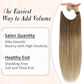 Full Shine Wire Human Hair Extensions 80 Grams Golden Brown to Dirty Blonde Hair Extensions Human Hair Wire Hair Extensions With Transparent Fish Line Invisible Hairpiece One Piece 16 Inch
