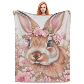Bunny Blanket for Girls Kids, Flannel Rabbit Blankets Gifts, Pink Flower Bunny Throw Blanket for Sofa Couch Bed Living Room Soft Warm Cozy Bunny Decor 60" x 50"