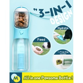 MoonyMars Portable Dog Water Bottle, 3-in-1 Dog Travel Water Bowl with Food Container & Poop Bag Holder, Pet Water Dispenser Summer Outdoor Walking Hiking Accessories for Large Dog - Gray, 20oz