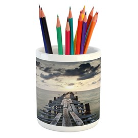 Lunarable Landscape Pencil Pen Holder, Old Wood Bridge Sea Dark Clouds over Evening Sky Nature Sunset View Seascape, Printed Ceramic Pencil Pen Holder for Desk Office Accessory, Charcoal Grey
