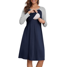 Xpenyo Women's Maternity Nursing Dress Long Sleeve Breastfeeding Casual Home Sleepwear Clothes,Dark Blue,2XL