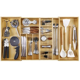 MH MYLUNE HOME Large Bamboo Expandable Drawer Organizer, Silverware Organizer for Drawers, 16 to 30 Inches Wide, 7-13 Slots, Kitchen Drawer Organizers for Utensils, Bamboo Wood Cutlery Organizers
