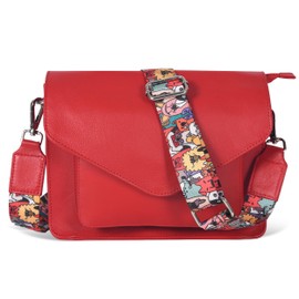 Leather Flapover Crossbody Handbag Purse for Women with Adjustable Strap & Overflap Snap Closure Tote/Bag (Red NDM W3)