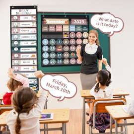 Monthly Calendar Pocket Chart for Classroom, Daily Schedule Pocket Chart with 12 Pcs Double-Sided Reusable Cards, Printed Day of the Week, Learning for Home or Preschool(Black Calendar+Daily Schedule)