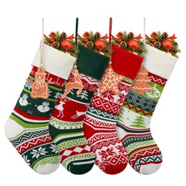 4 Pack Knitted Christmas Stockings - 18 Inch Large Family Christmas Stocking Rindeer Snowflake Christmas Tree Xmas Stocking for Fireplace Holiday Decorations