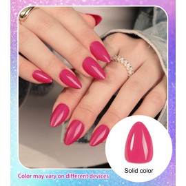 Morily Short Fake Press on Nails Almond with Designs, Hot Pink Acrylic Thick Stick on False Nail Reusable Glossy Full Cover Manicure for Women, 32 Pcs