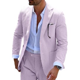 Seersucker Slim Suits Men Formal Summer Beach Wedding Grooms 2 Piece Blazer Pants Party Striped Suit Purple L
