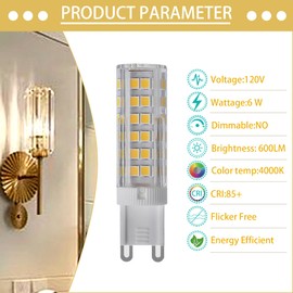 G9 LED Bulbs,6 Watt (60W Equivalent) 120V Non-dimmable No Flicker, T4 G9 Ceramic Bi-Pin Base LED Light Bulbs,4-Pack (4000k)