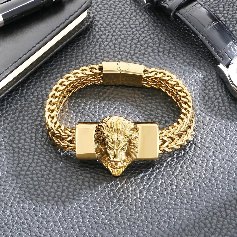 Klapgo Lion Head Men's Bracelet Gold Tone Stainless Steel Cuban