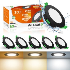 ALUSSO LED Recessed Ceiling Spotlights, 230 V, 4 W, Flat, Dimmable, 68 mm, Warm White 3,000 K, Neutral White 4,000 K, Cool White 6,500 K, Black, IP44, Recessed Spotlights for Bathroom, Set of 6