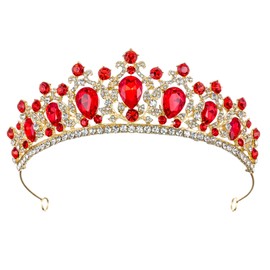 Samky Gold Wedding Bridal Crown Red Rhinestone Crystal tiara Headpiece Bride's Hair Accessorie