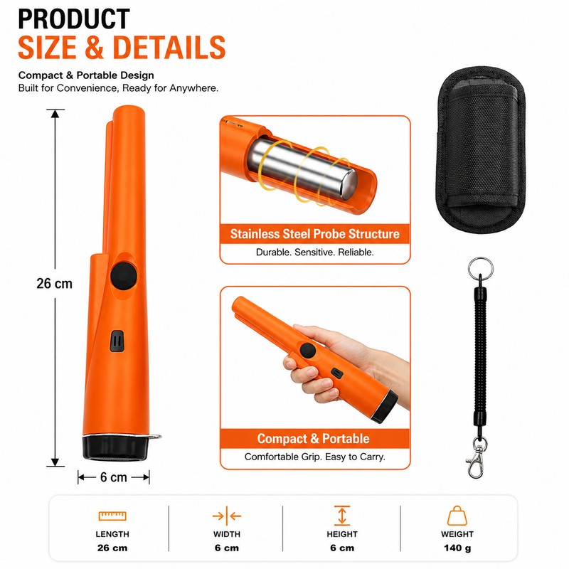 Handheld Metal Detector Pinpointer for Treasure Hunting – 360° Side