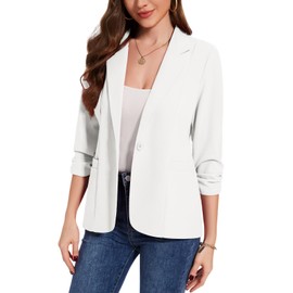 MINTLIMIT Women's White 3/4 Ruched Sleeve Blazer One Button Notch Lapel Front Lined Lightweight for Work Wear (White S)