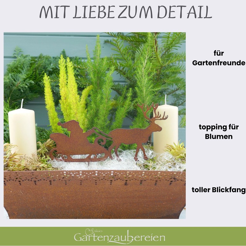 Storm's Gartenzaubereien Garden Stake Santa Sleigh with Reindeer in Rust