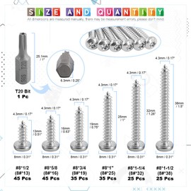 Glarks 211Pcs #8 x 1/2'' / 5/8'' / 3/4'' / 1" / 1-1/4'' / 1-1/2'' Button Head Torx Security Sheet Metal Screws Assortment Set, 6 Size Stainless Steel Tamper Resistant Screws with T20 Bit