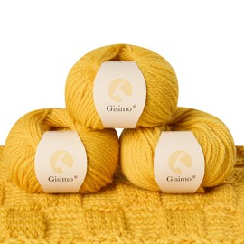 Gisimo 100 % lana merina, hilo lujoso y suave de 3 capas para tejer a mano y ganchillo (oro, 3 bolas)