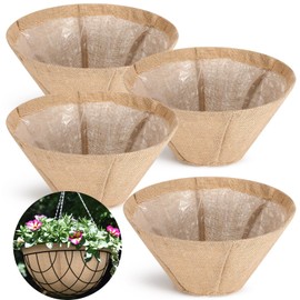 Hahafelt 4 Pack 14 Inch Round Burlap Liners with Drainage Hole and Plastic Interior Liner Jute Planter Basket Liner Rustic Burlap Planter Liner for 14" Diameter Hanging Baskets