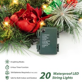 24 Inch Pre-Lit Christmas Wreath for Front Door with 20 Lights, Lighted Christmas Wreath with Red Green Xmas Balls Bows for Fireplace Window Outdoor Table Centerpiece Decoration, Red & Green