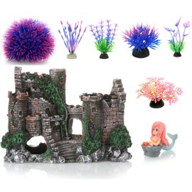 SUPTEC 8 Pcs Aquarium Decorations Kit, Small Resin Castle Fish Tank Decorations Set Mermaid and Rockery Betta Fish Cave Hideout Coral Artificial Plastic Plants Ornament Accessories
