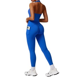 RXRXCOCO Open Back Workout Sets for Women 2 Piece Halter Tank Tops Hidden Scrunch Leggings Matching Set with Pockets Blue Medium