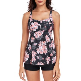 FLYILY Women 2 Pieces Tankini Sets Twist Front Tankini Top with Boyshorts Tummy Control Swimwear Floral Bathing Suit(BlackFlower,XXL)