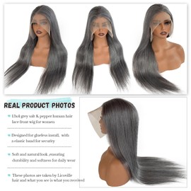 Licoville Salt & Pepper Gray Wig Human Hair 13x4 HD Lace Front Wigs Glueless 180% Density 34 Inch Long Straight Grey Salt and Pepper Human Hair Wigs for Women Pre Plucked Free Part