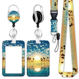 ID Badge Holder with Lanyard, Retractable Badge Reel Clip for Nurse Doctor, Detachable Neck Lanyard Strap ID Card Holder Keychain Lanyards for Students Teacher Office Staff (Tree Sea Sunset)