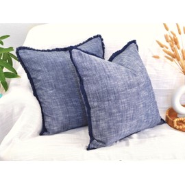 Organic Cotton Fringe Pillow Covers Boho Farmhouse Cushion Cover with Decorative Tassels Linen Like Textured Accent Pillowcases for Bed Couch Chair Sofa Living Room 20×20 Inch Blue Pack of 2
