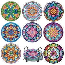 CAMOYAI 8 Pcs Mandala Diamond Art Coasters Kits with Holder, Stained Glass Flowers Diamond Painting Coasters, Diamond Painting Kits for Adults & Beginners