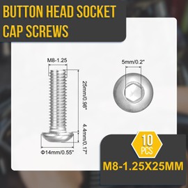 DTGN M8-1.25x25mm Button Head Socket Cap Screws - 10Pack - Good for Road Bicycle, Mountain Bike, Auto, Motorcycle - 304 Stainless Steel Whitewashed - Hex Drive Fasteners