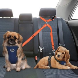 SlowTon Double Dog Seat Belt, New Dual Pet Car Headrest Restraint Safety Seatbelt No Tangle Dog Leash Duty Adjust Elastic Bungee Puppy Lead Splitter Connect Harness in Vehicle Travel for 2 Dogs