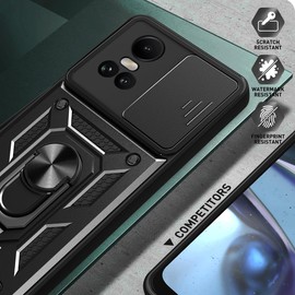 carinacoco Case for OPPO Reno 10 5G/Reno 10 PRO 5G, Slide Camera Cover with Rotating Finger Ring Stand Anti-Scratch Hard Armour Shell Shockproof Bumper Cover, Black